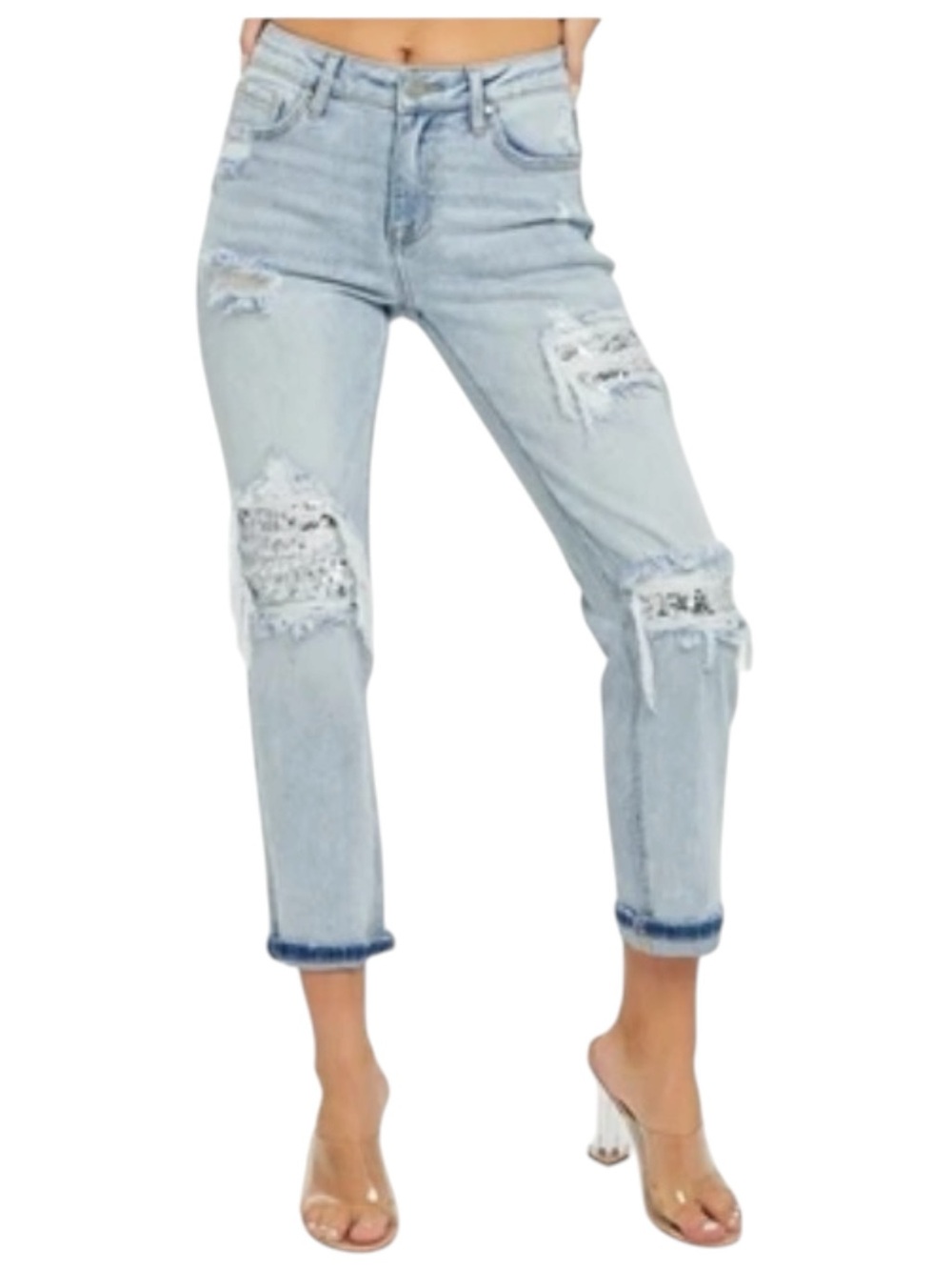 7148. Risen High Rise Sequin Light Wash Distressed Women’s Jeans